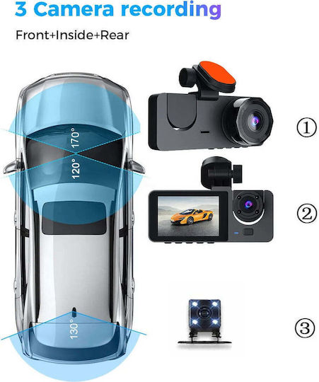 Cameră auto triplă DVR Full-HD ecran IPS 2.35" 170° WDR senzor de mișcare G-Sensor negru