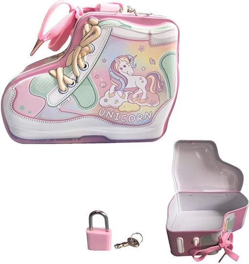 Pușculiță pentru copii în formă de pantof sport Dino Unicorn cu lacăt 12x15x6cm Albastru Roz