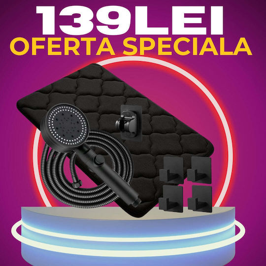 Cap de duș 4 suporturi pentru prosoape covoraș de baie negru