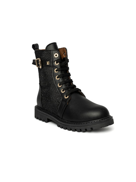 Bonito Kids Patent Leather Military Boots with Zipper Black