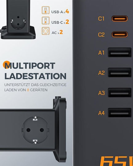 Tessan Πολύπριζο 2 Θέσεων με 4 USB-A, 2 USB-C και Καλώδιο 2m