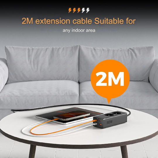 Tessan Πολύπριζο Aσφαλείας 2 Θέσεων με 2 USB-A, 2 USB-C και Καλώδιο 2m