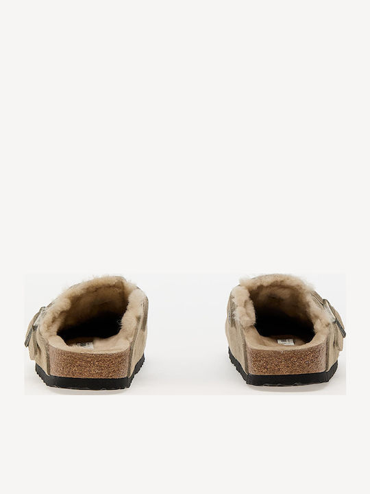 Boston Shearling Suede Winter Women's Slippers with Fur Brown Narrow Fit