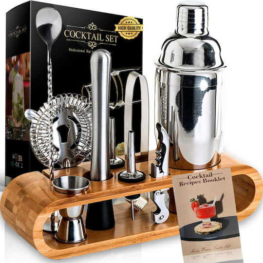 Barman Set Drink Preparation Birai 10 Pieces 550 Ml Cocktail Shaker Stainless Steel Premium Bamboo Stand Spoon Strainer Corkscrew Double Jigger Muddler Pure R