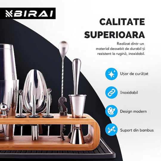 Barman Set Drink Preparation Birai 10 Pieces 550 Ml Cocktail Shaker Stainless Steel Premium Bamboo Stand Spoon Strainer Corkscrew Double Jigger Muddler Pure R