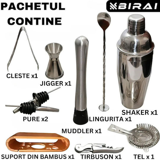Barman Set Drink Preparation Birai 10 Pieces 550 Ml Cocktail Shaker Stainless Steel Premium Bamboo Stand Spoon Strainer Corkscrew Double Jigger Muddler Pure R