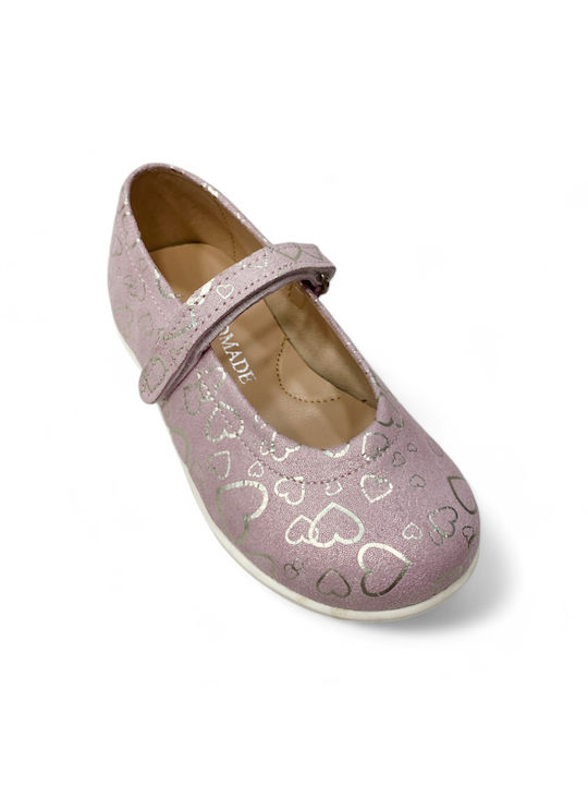 Leather anatomical kids' ballerinas 226 in pink color with silver hearts