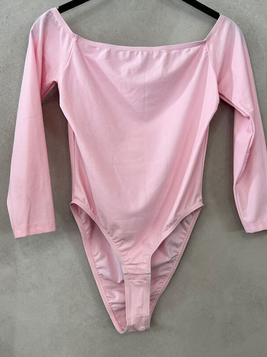 Illusion Rt Long Sleeve Bodysuit with Open Back Pink