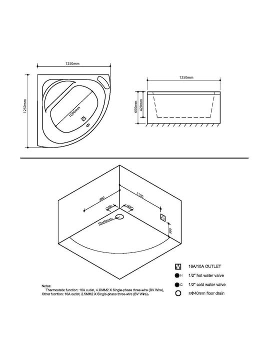 Piccadilly 1202020149 Μπανιέρα Ακρυλική με Υδρομασάζ 125x125x60cm