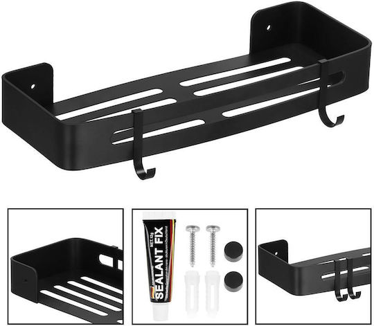 Bathroom Shelf 2 Hooks 2 Wall Mounting Systems Aluminum 32x12x4cm Black