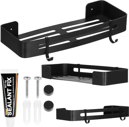 Raft de baie cu 2 cârlige, 2 sisteme de montare pe perete, aluminiu, 32x12x4cm, negru