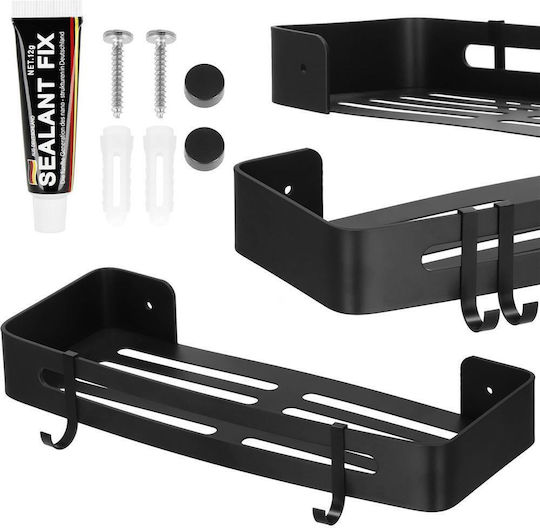 Raft de baie cu 2 cârlige, 2 sisteme de montare pe perete, aluminiu, 32x12x4cm, negru