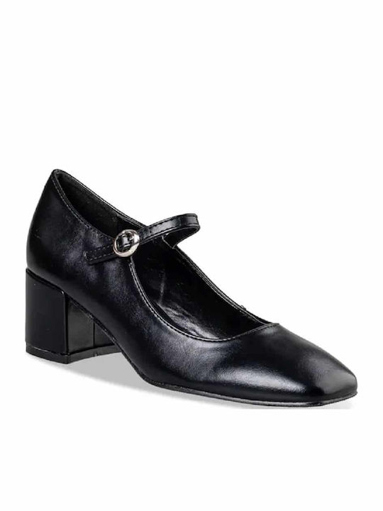 Synthetic Leather Black Medium Heels with Strap