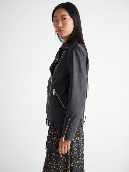 Isabella Δερμάτινο Γυναικείο Biker Jacket Μαύρο