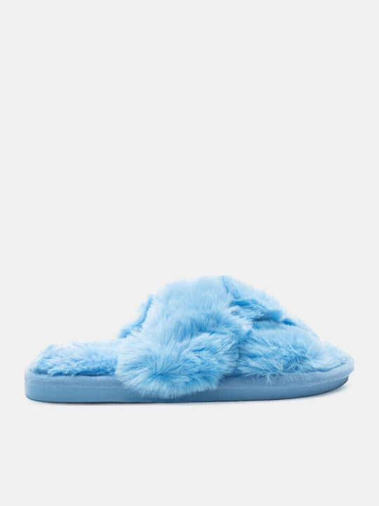 Winter Women's Slippers with Fur Light Blue