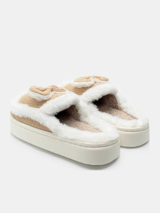 Winter Women's Slippers with Fur Beige