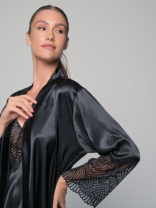 Milena by Paris Pentru Femei Satin Halat Neagră