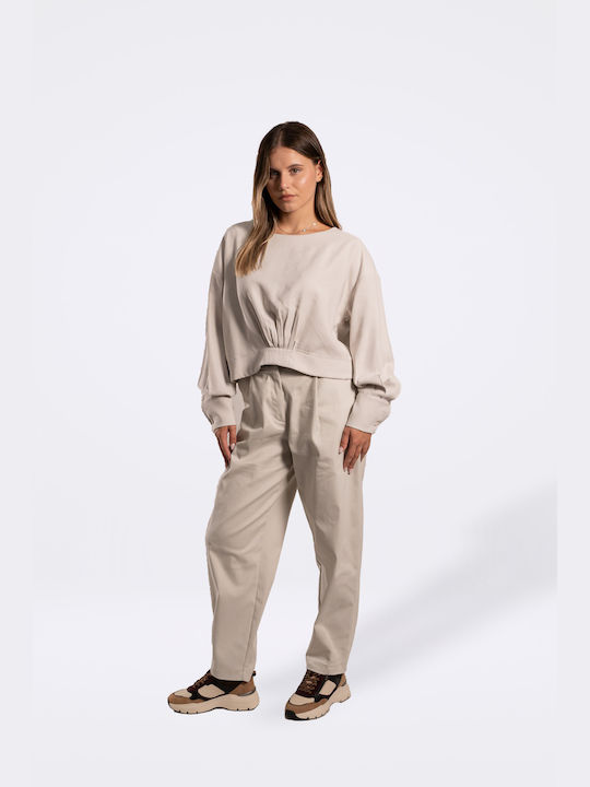 Moutaki Women's High-waisted Cotton Trousers with Elastic Stone