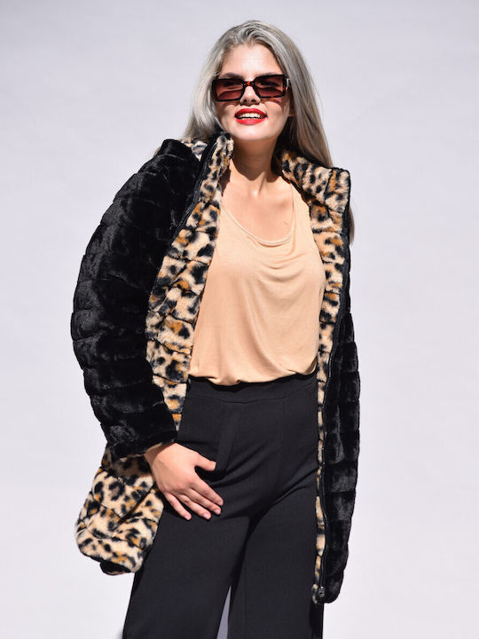 Women's Short Puffer Jacket Double Sided for Winter with Detachable Hood Black-leopard