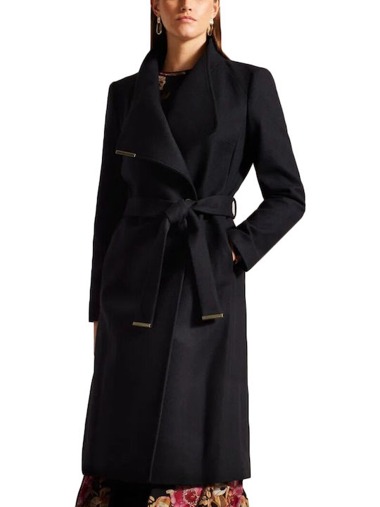 Wool Women's black Coat with Belt