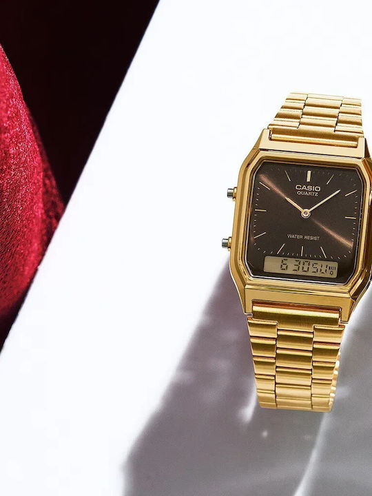 Casio Аналогов/Дигитален Мъжки Часовник 29.8mm На Батерия със Златна Метална Гривна