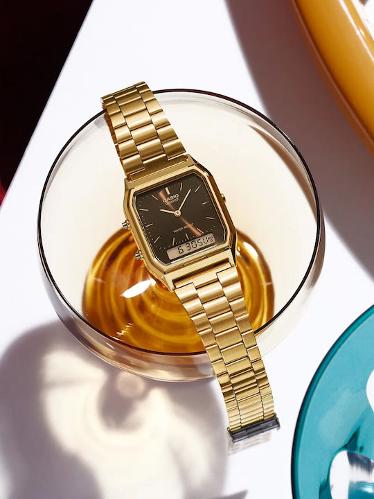 Casio Аналогов/Дигитален Мъжки Часовник 29.8mm На Батерия със Златна Метална Гривна