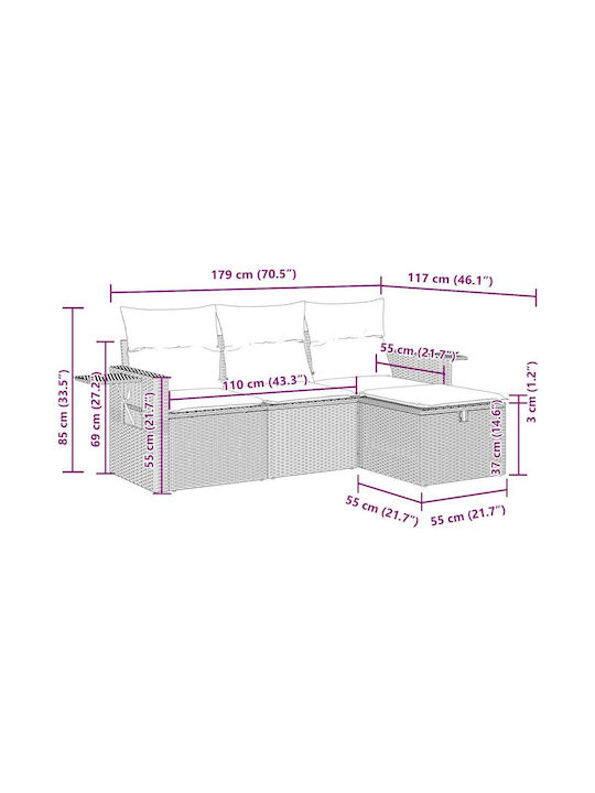 Corner Sofa Outdoor Rattan with Chest and Pillows 55x55x34cm