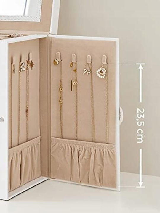 Jewellery Box MDF PU Velvet White Beige Mirror 26x15.6x32 cm Artool