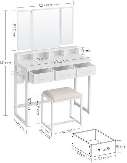 Bodenstehende Schminktisch Schlafzimmer Holz Weiß mit Spiegel & Hocker 90x40x141cm