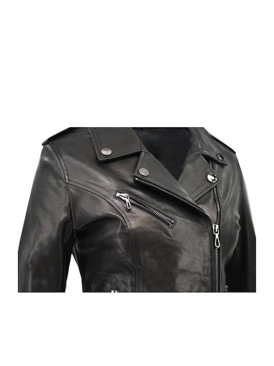 Women's Short Lifestyle Leather Jacket for Winter Black