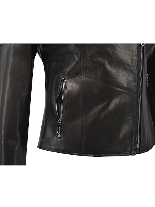 Women's Short Lifestyle Leather Jacket for Winter Black