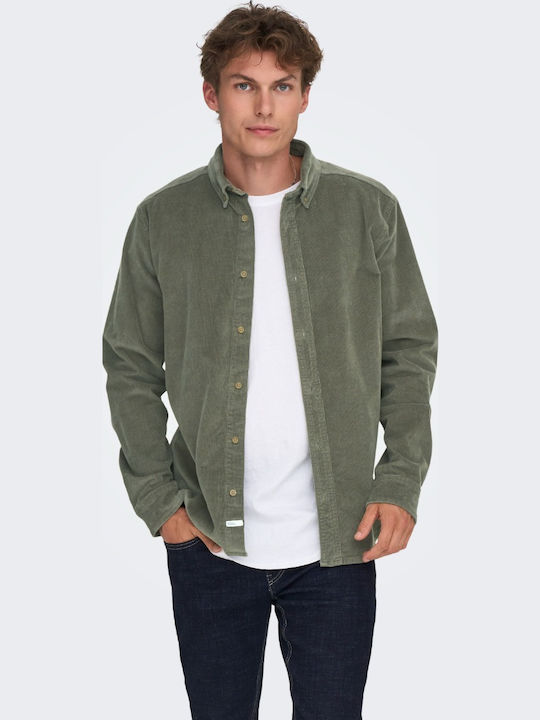 Μακρυμάνικo Κοτλέ Overshirt σε Κανονική Γραμμή Χακί