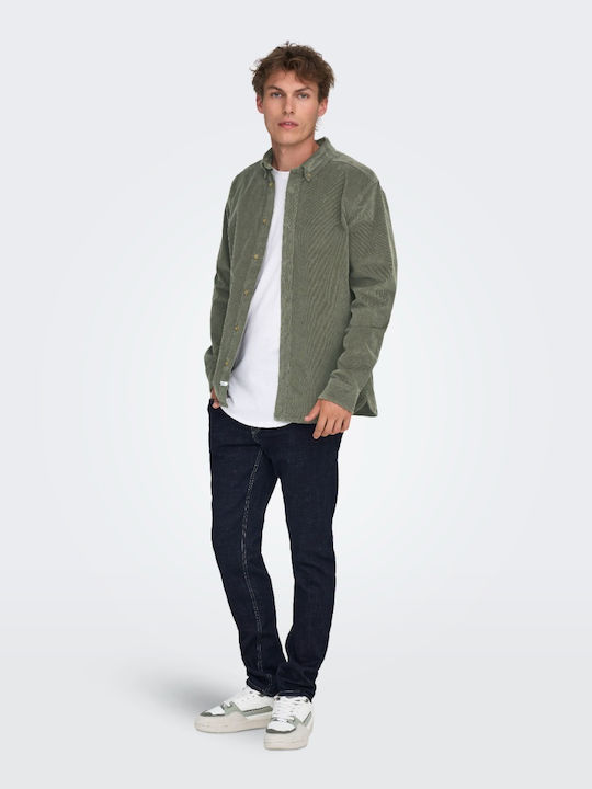 Μακρυμάνικo Κοτλέ Overshirt σε Κανονική Γραμμή Χακί