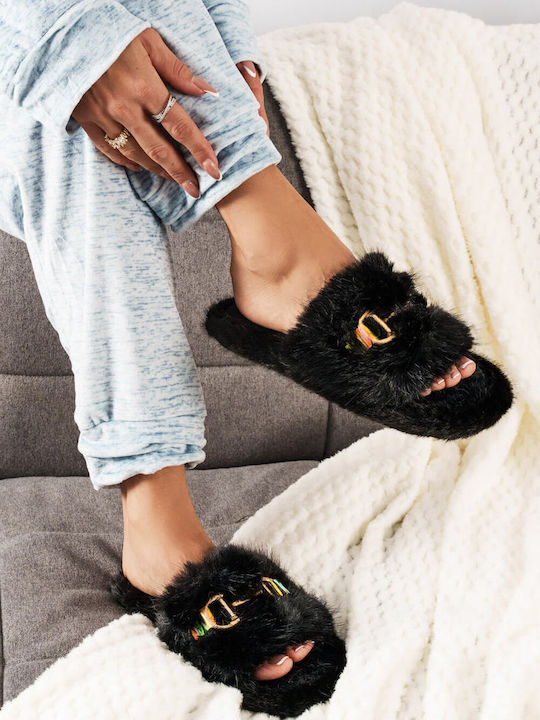 Black Fur Slippers with Metallic Detail