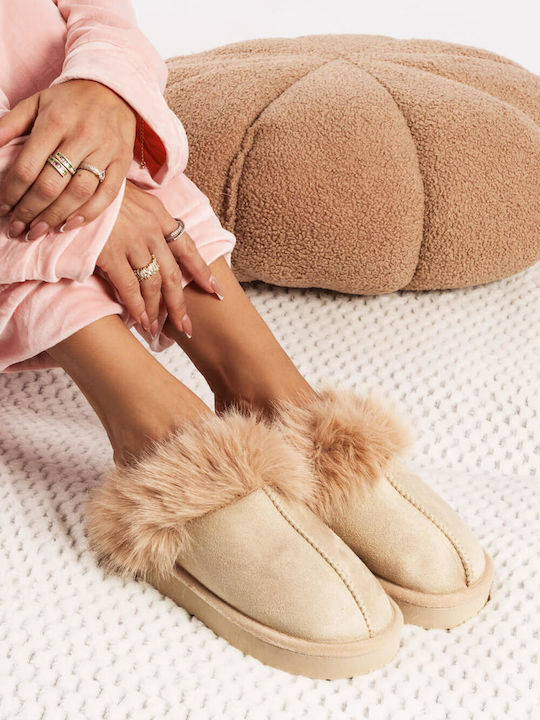 Beige Winterhausschuhe mit Fellbesatz