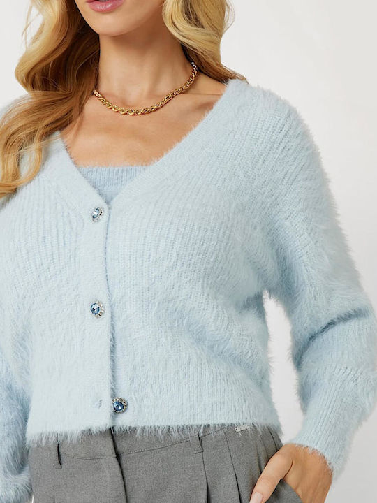 Kurze Gestrickte Damen Strickjacke mit Knöpfen Blau
