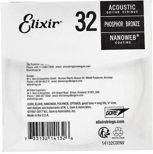 Elixir Einzelne Phosphor-Bronze Saite für Akustische Gitarre Nanoweb Schlaufe Ende .032" Schleifenende