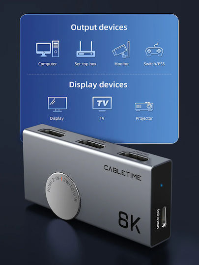 Cabletime HDMI Switch CT-HS8K2-AG 2 1 8K/60Hz 4K/120Hz Gray