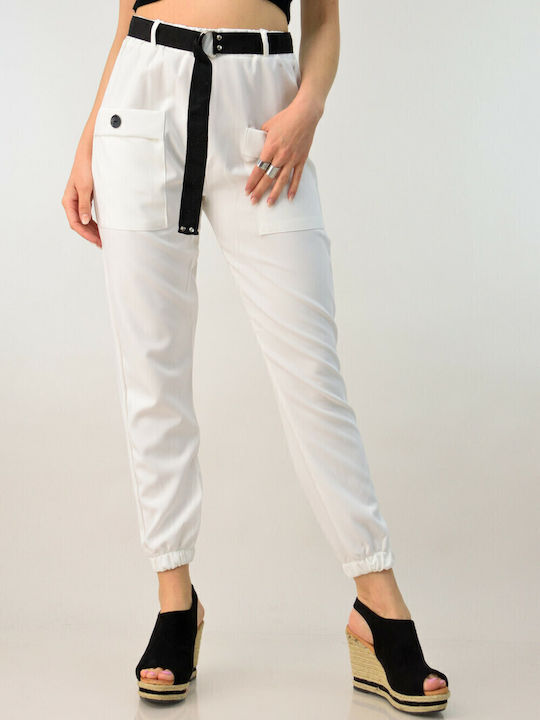 Damen Stoff Capri Hose mit Gummizug in Lockere Passform White