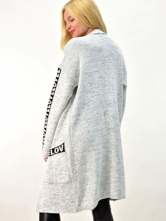 Knitted Cardigan with Sleeve Print Grey 3573