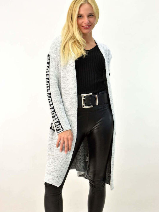 Knitted Cardigan with Sleeve Print Grey 3573