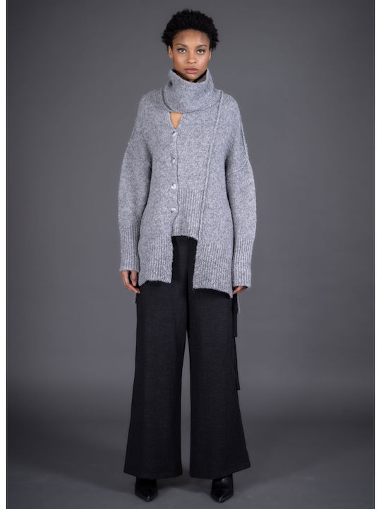 Lange Gestrickte Damen Strickjacke mit Knöpfen Grau