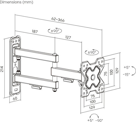 Powertech PT-1279 Βάση Τηλεόρασης Τοίχου με Βραχίονα έως 32" και 20kg Ασημί