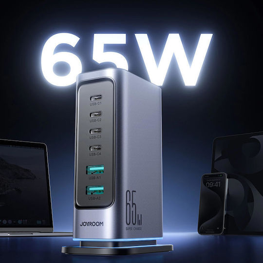 Joyroom Βάση Φόρτισης GaN με 2 Θύρες USB-A και 4 Θύρες USB-C 65W Power Delivery / Quick Charge 3.0 / Quick Charge 4.0 σε Γκρι χρώμα (JR-TCM02)