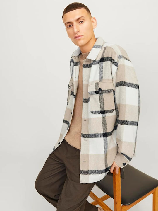 Long Sleeve Flannel Overshirt in Regular Fit Checked Crockery Beige