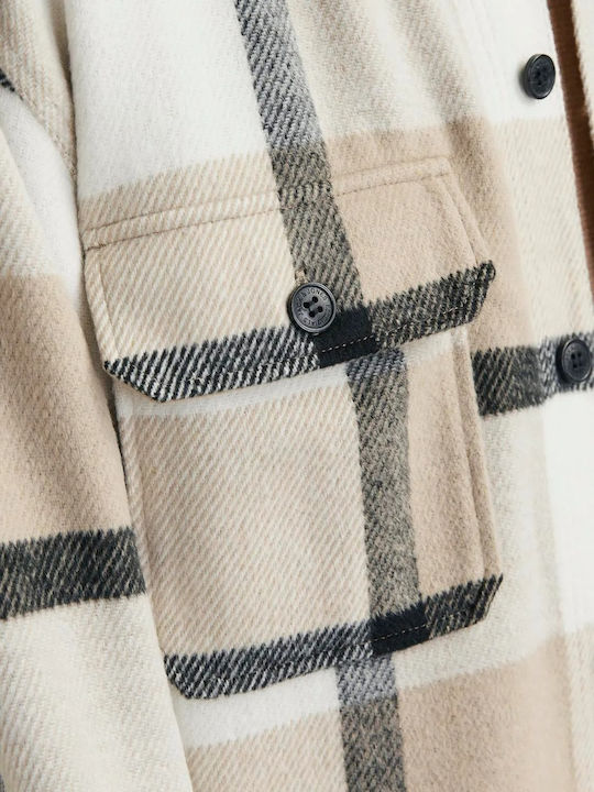 Long Sleeve Flannel Overshirt in Regular Fit Checked Crockery Beige