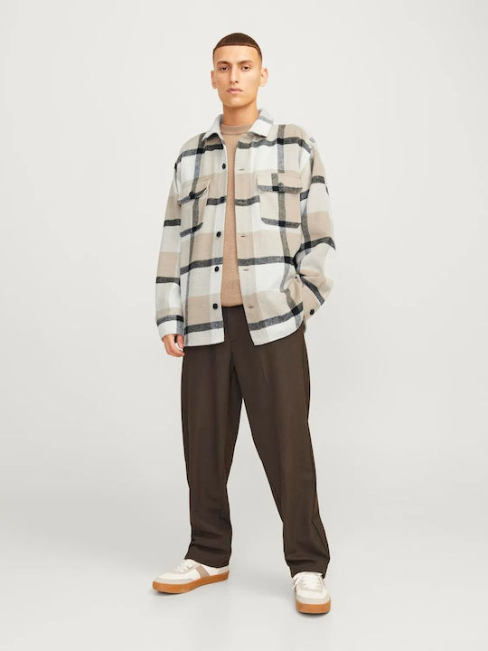 Long Sleeve Flannel Overshirt in Regular Fit Checked Crockery Beige