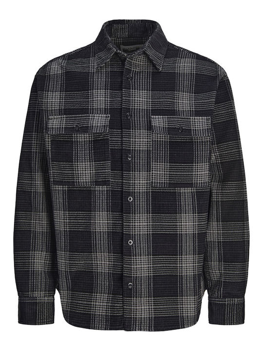 Μακρυμάνικo Κοτλέ Overshirt σε Φαρδιά Γραμμή Καρό Μαύρο