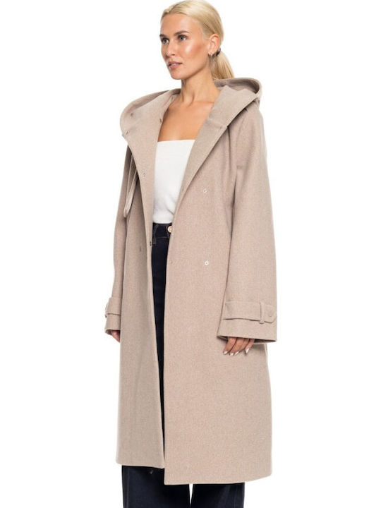 Damen Beige Mantel mit Kapuze