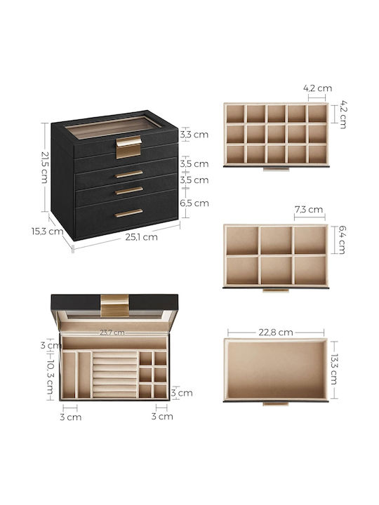 Songmics Wooden Jewellery Box with Drawer Black 25.1x15.3x21.5cm